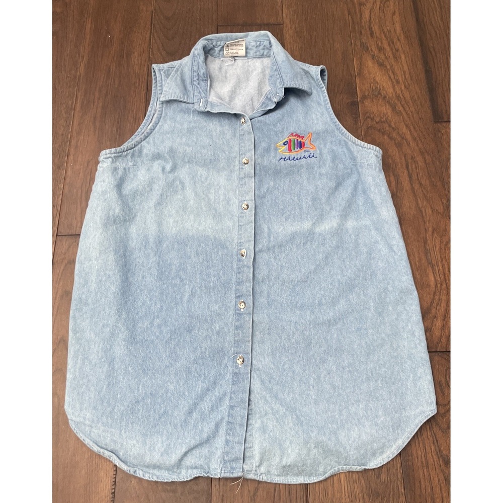 Denim Vest Shirt Women's L Blue Button Up Sleeveless Top Button "Hawaii"